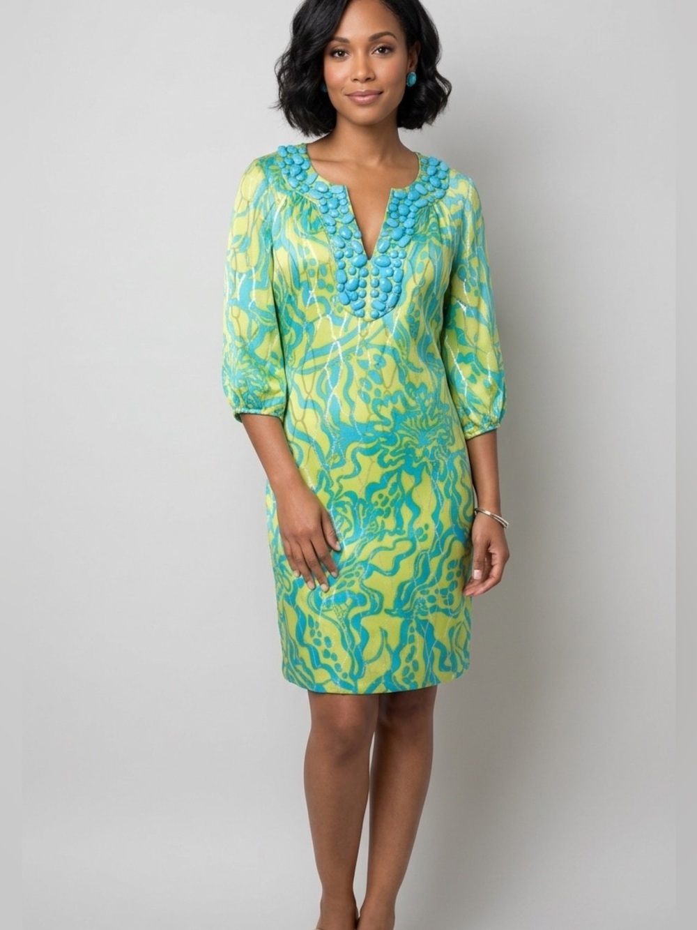 Lilly Pulitzer Sz 4 silk Jacquard Beaded Alice dress lurex resort beach preppy